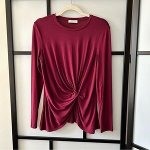 [M] Babaton Holiday Burgundy Twist Front 3/4 Long Sleeve Blouse 94% Rayon